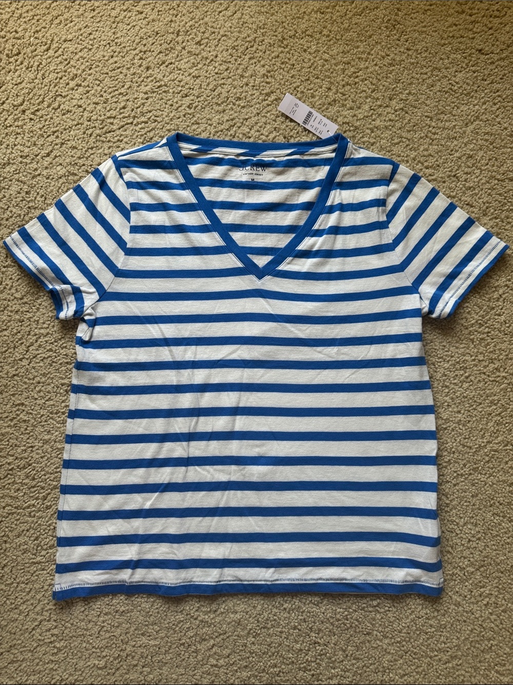 J. Crew Vintage Striped V-Neck Tee White and Blue